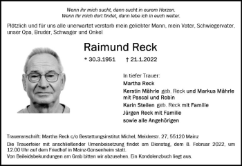 Traueranzeige von Raimund Reck von vrm-trauer Allgemeine  Zeitung Ingelheim-Bingen