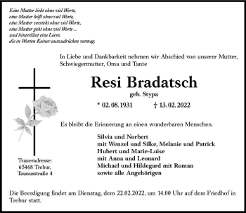 Traueranzeige von Resi Bradatsch von vrm-trauer Rüsselsheimer Echo / MainSpitze