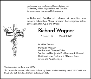 Traueranzeige von Richard Wagner von vrm-trauer AZ Mainz