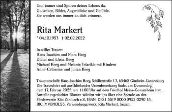 Traueranzeige von Rita Markert von vrm-trauer AZ Mainz