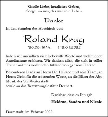 Traueranzeige von Roland Krug von vrm-trauer Darmstädter Echo