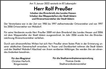 Traueranzeige von Rolf Preußer von vrm-trauer Idsteiner Zeitung