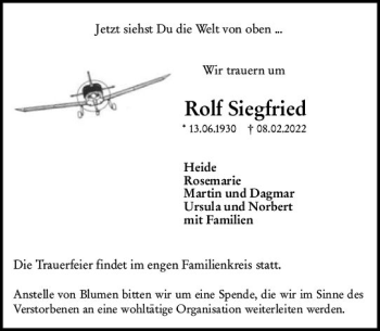 Traueranzeige von Rolf Siegfried von vrm-trauer Hochheimer Zeitung