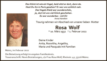 Traueranzeige von Rosa Wolf von vrm-trauer AZ Mainz