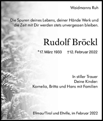 Traueranzeige von Rudolf Bröckl von vrm-trauer Wiesbadener Kurier