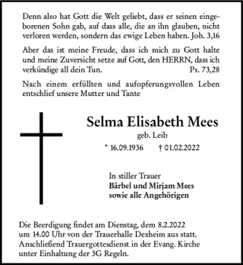 Traueranzeige von Selma Elisabeth Mees von vrm-trauer AZ Mainz