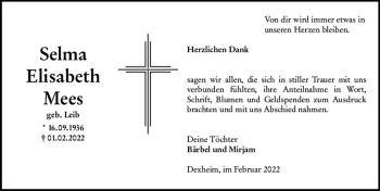 Traueranzeige von Selma Elisabethbel Mees von vrm-trauer AZ Mainz