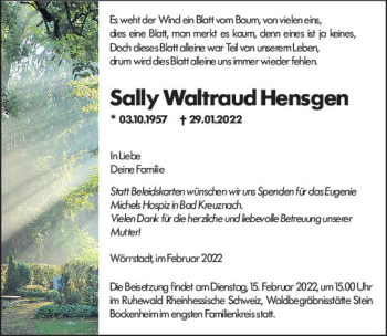 Traueranzeige von Sony Waltraud Hensgen von vrm-trauer Allgemeine Zeitung Alzey