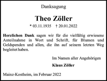 Traueranzeige von Theo Zöller von vrm-trauer AZ Mainz