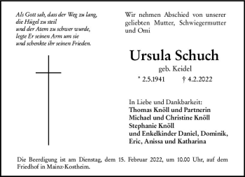Traueranzeige von Ursula Schuch von vrm-trauer AZ Mainz