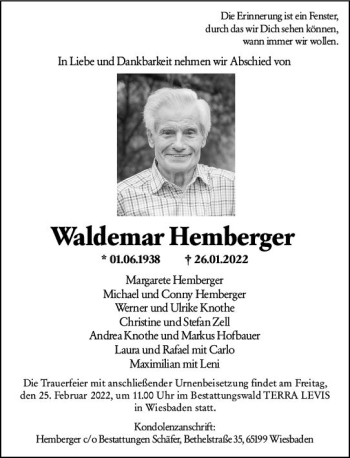 Traueranzeige von Waldemar Hemberger von vrm-trauer Wiesbadener Kurier
