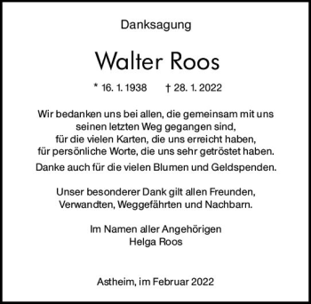 Traueranzeige von Walter Roos von vrm-trauer Groß-Gerauer Echo
