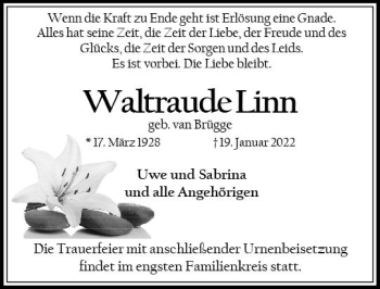 Traueranzeige von Waltraude Linn von vrm-trauer Allg. Zeitung Bad Kreuznach