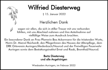 Traueranzeige von Wilfried Diesterweg von vrm-trauer Wiesbadener Kurier
