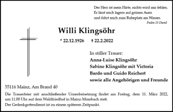 Traueranzeige von Willi Klingsöhr von vrm-trauer AZ Mainz