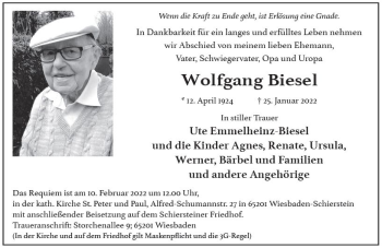 Traueranzeige von Wolfgang Biesel von vrm-trauer Wiesbadener Kurier