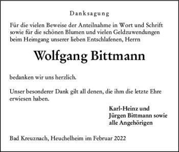 Traueranzeige von Wolfgang Bittmann von vrm-trauer Wormser Zeitung