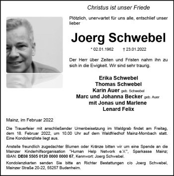 Traueranzeige von Joerg Schwebel von vrm-trauer AZ Mainz
