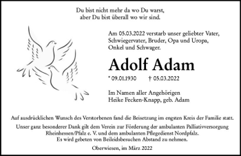 Traueranzeige von Adolf Adam von vrm-trauer Allgemeine Zeitung Alzey