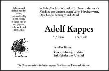 Traueranzeige von Adolf Kappes von vrm-trauer Wiesbadener Kurier