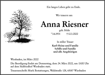 Traueranzeige von Anna Riesner von vrm-trauer Wiesbadener Kurier