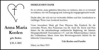 Traueranzeige von Anna Maria Koolen von vrm-trauer AZ Mainz