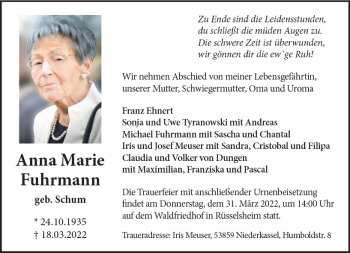 Traueranzeige von Anna Marie Fuhrmann von vrm-trauer Rüsselsheimer Echo / MainSpitze