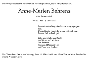 Traueranzeige von Anne-Marlen Behrens von vrm-trauer AZ Mainz