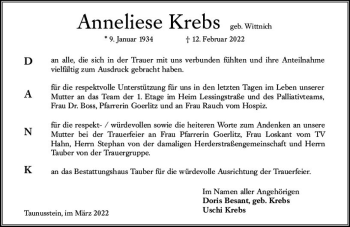 Traueranzeige von Anneliese Krebs von vrm-trauer Wiesbadener Kurier