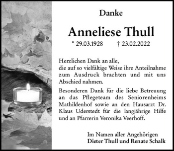 Traueranzeige von Anneliese Thull von vrm-trauer Wormser Zeitung