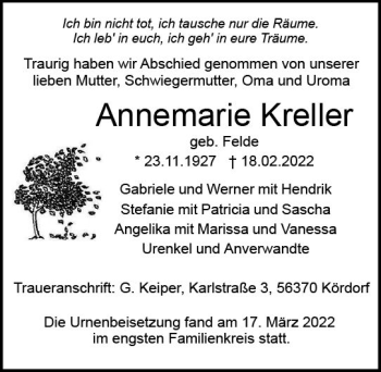 Traueranzeige von Annemarie Kreller von vrm-trauer WK-UTA