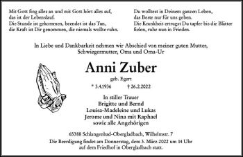 Traueranzeige von Anni Zuber von vrm-trauer WK-UTA
