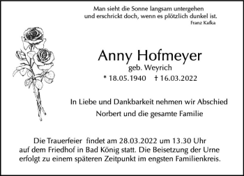 Traueranzeige von Anny Hofmeyer von vrm-trauer Odenwälder Echo