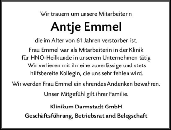 Traueranzeige von Antje Emmel von vrm-trauer Darmstädter Echo