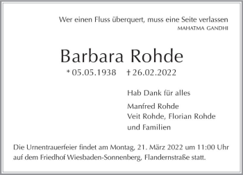 Traueranzeige von Barbara Rohde von vrm-trauer Wiesbadener Kurier