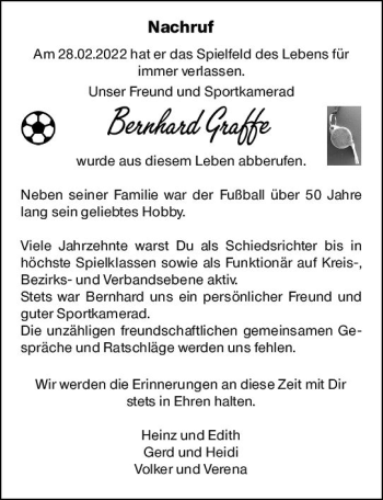 Traueranzeige von Bernhard Graffe von vrm-trauer Allgemeine  Zeitung Ingelheim-Bingen