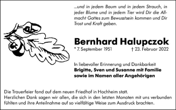 Traueranzeige von Bernhard Halupczok von vrm-trauer Hochheimer Zeitung