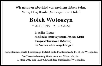 Traueranzeige von Bolek Wotoszyn von vrm-trauer Wiesbadener Kurier