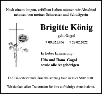 Traueranzeige von Brigitte König von vrm-trauer Rheingau