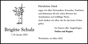 Traueranzeige von Brigitte Schulz von vrm-trauer Wiesbadener Kurier