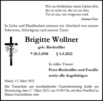 Traueranzeige von Brigitte Wollner von vrm-trauer AZ Mainz