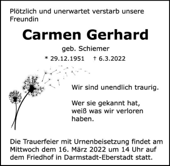 Traueranzeige von Carmen Gerhard von vrm-trauer Darmstädter Echo