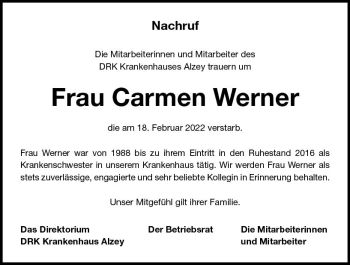 Traueranzeige von Carmen Werner von vrm-trauer Allgemeine Zeitung Alzey
