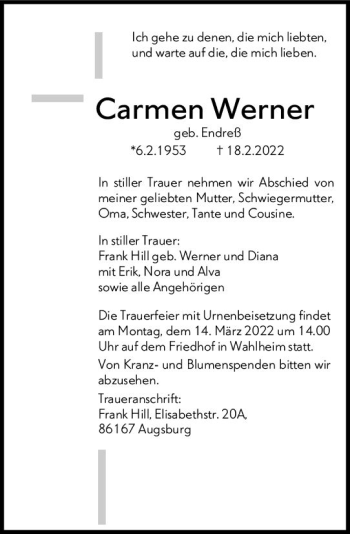 Traueranzeige von Carmen Werner von vrm-trauer Allgemeine Zeitung Alzey