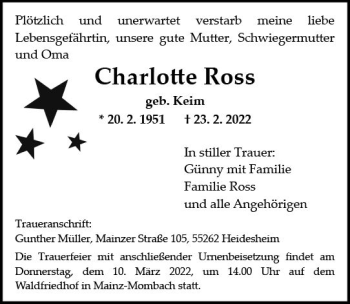 Traueranzeige von Charlotte Ross von vrm-trauer AZ Mainz