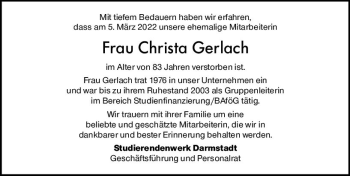 Traueranzeige von Christa Gerlach von vrm-trauer Darmstädter Echo