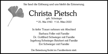 Traueranzeige von Christa Pietsch von vrm-trauer Wiesbadener Kurier