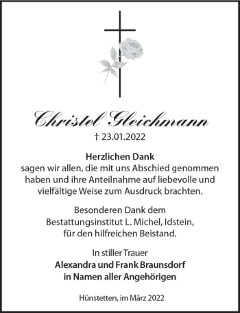 Traueranzeige von Christel Gleichmann von vrm-trauer Idsteiner Zeitung