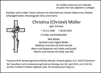Traueranzeige von Christina  Müller von vrm-trauer Allgemeine  Zeitung Ingelheim-Bingen