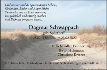 Traueranzeige von Dagmar Schwappach von vrm-trauer Wiesbadener Kurier